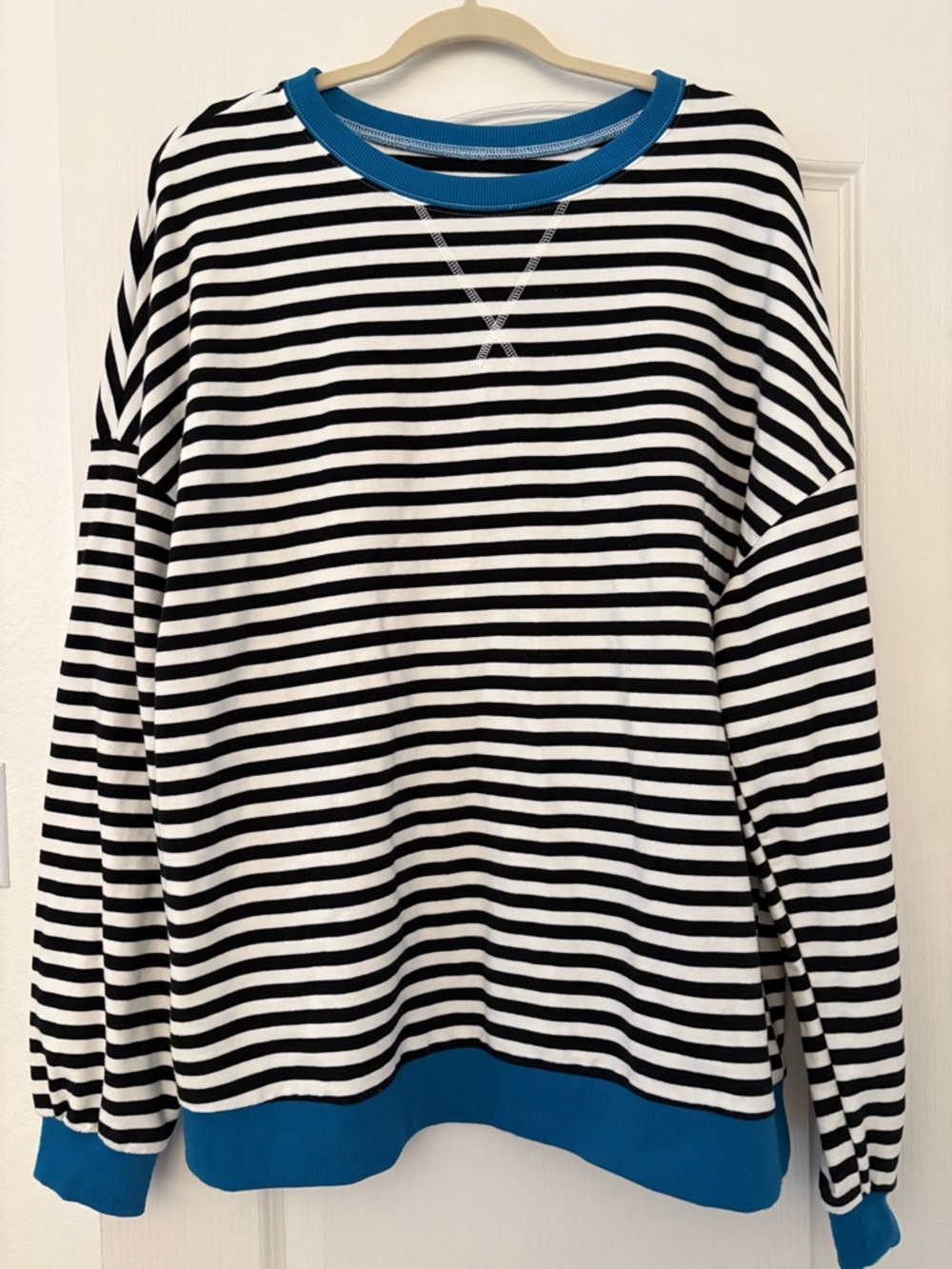 Striped Black & White Pullover with Blue Trim - Women's Top